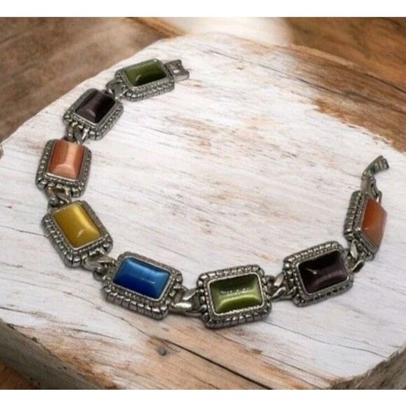 Retired PREMIER Designs Rectangle Multi color Cats Eye Ornate Link Bracelet - Picture 1 of 7